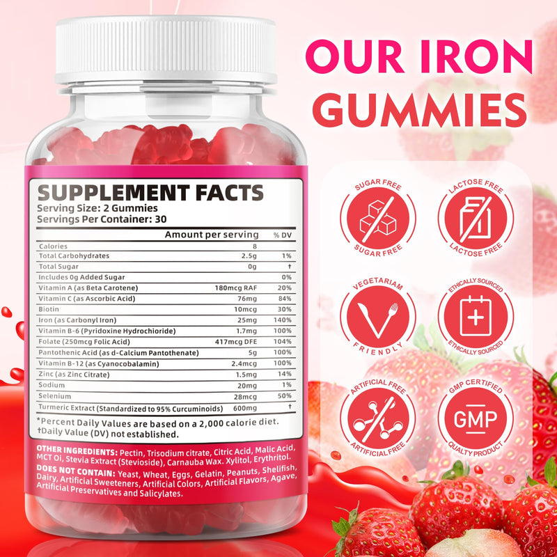 2 Pack Vegan Iron Gummies for Adults & Kids - with Vitamin C, A, B-Complex, Folate, Zinc, and Biotin - for Blood Building & Energy Support, 120 Gummies 2 Pack