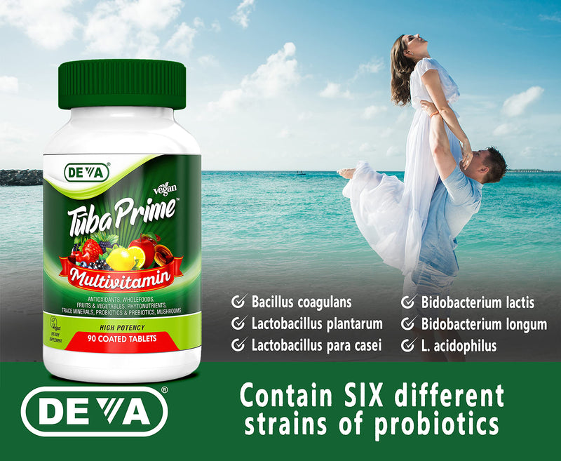 DEVA Tuba Prime Vegan Multivitamin Iron-Free - High-Potency Vitamin & Mineral Dietary Supplement - Antioxidants, Fruit & Vegetable Blend, Super Mushrooms, Probiotics, Prebiotics, Seeds, Herbs 90 Tabs 90 Count (Pack of 1)