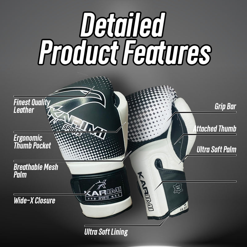 100% Genuine Leather Elite Force Boxing Gloves for Men & Women, 5-Layer Padding, Wrist Support, Mesh Palm – for Boxing, MMA, Kickboxing, Muay Thai, Training, Sparring Black/White 16oz