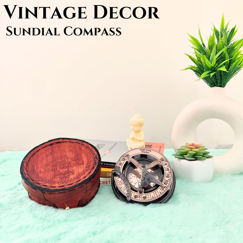 Antique Brass & Copper Sundial Compass, Sundial Clock in Box Gift Sun Clock Ship Replica Watch, Nautical Gifts for Men, Unique Nautical Decor, Naval Maritime Sundial (#5 Antique Gilbert) #5 Antique Gilbert