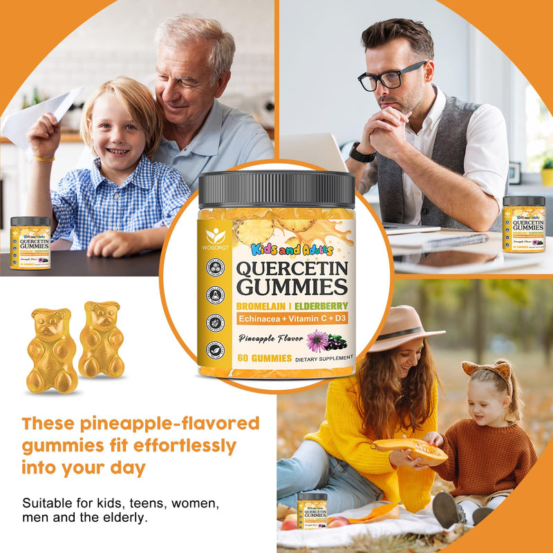 800mg Quercetin with Bromelain Gummies for Kids & Adults, Sugar Free, 60 Ct | WOGORGT - Quercetin Gummies with Bromelain, Zinc, Elderberry & D3, Immune, Seasonal Wellness Support, Vegan, Pineapple Flavor 60 Count (Pack of 1)