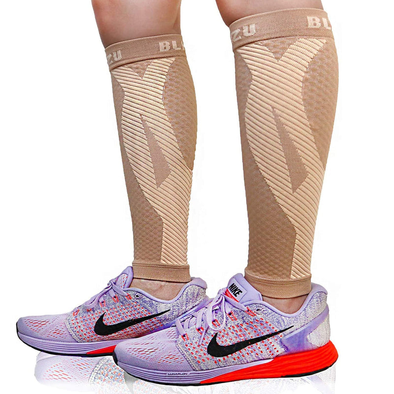 BLITZU 3 Pairs Calf Compression Sleeves for Women and Men Size L-XL, One Nude, One Black, One White Calf Sleeve, Leg Compression Sleeve for Calf Pain and Shin Splints. Footless Compression Socks. - BeesActive Australia
