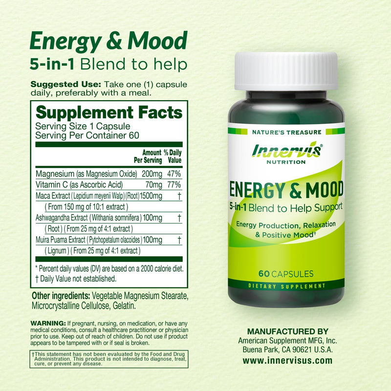 Caffeine Free Natural Energy Boost with Ashwagandha, Maca & Magnesium - Support Stress Relief, Focus & Mood - 60 Capsules by Innervis Nutrition 60 Count (Pack of 1)