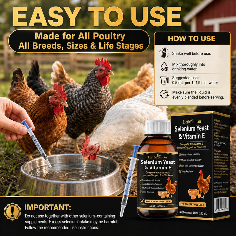 E+S Poultry Vitality Formula, Selenium& Vitamin E for Chickens & Poultry | Natural Selenium Yeast Liquid for Mobility Support, Nutritional Supplement for Heat Stress Resilience & Muscle Strength