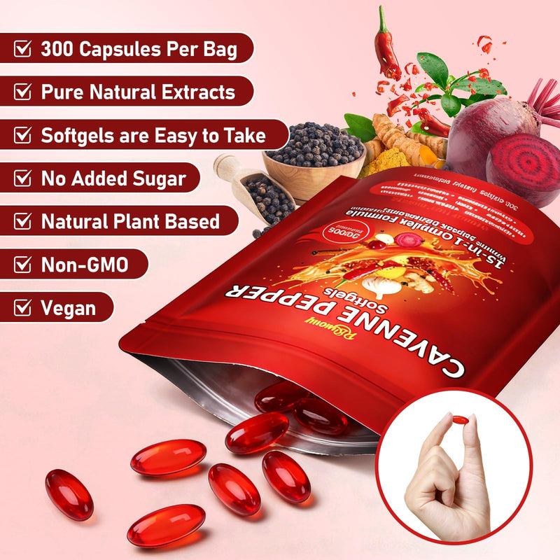 Cayenne Pepper Capsules, 15-in-1 Cayenne Pepper Supplements with Vitamin D3, K2, E & Grape Seed Oil, Supports Leg Vein, Heart and Blood Vessel Health, Daily Herbal Capsaicin Supplements, 300 Softgels
