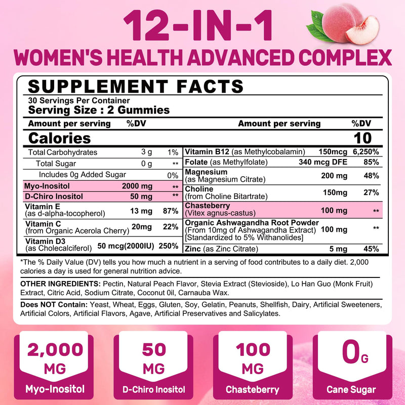 Inositol Gummies for Women + Chasteberry, Myo-Inositol & D-Chiro Inositol 2000mg + 50mg Ideal 40:1 Ratio with Methylated B12 & Folate, Choline, Magnesium,Vitamin D3 for Overall Health,Sugar Free,60Cts 60 Count (Pack of 1)