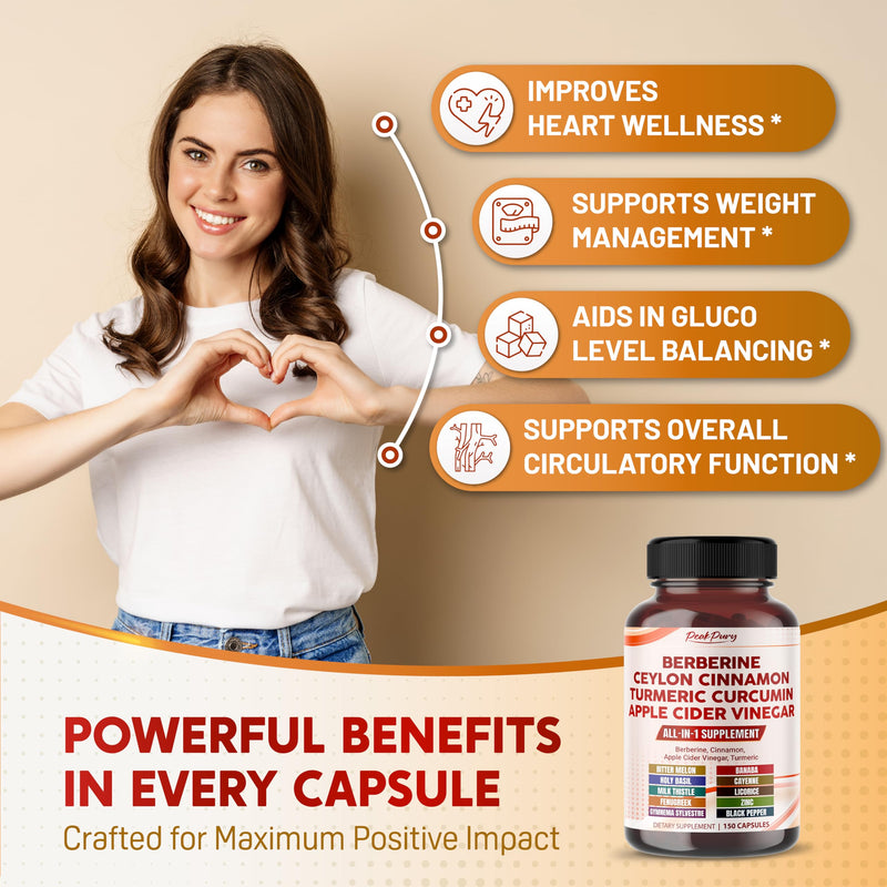 Berberine 8000mg Cinnamon 6000mg Apple Cider Vinegar 3000mg Turmeric 3000mg - Overall Wellness Support- Made in USA 150 count (pack of 1) - BeesActive Australia