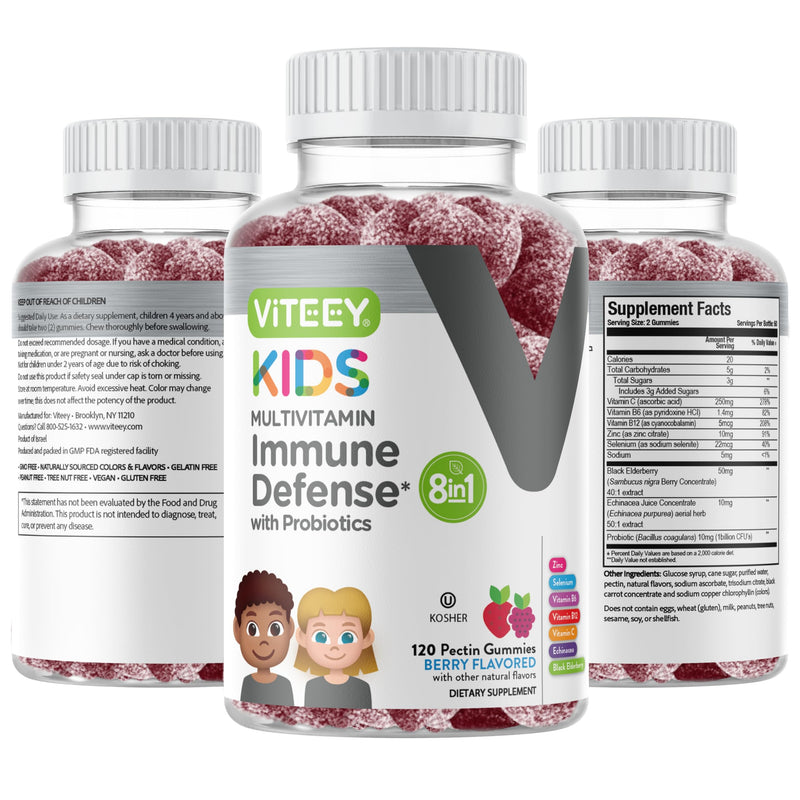 Viteey Kids Multivitamin Gummies with Probiotics - 8-1 Kids Vitamins Gummy | for Immune Health Support with Vitamin C, Echinacea, B12, B6, Zinc, Elderberry, Selenium - Vegan - Chewable Berry Flavored 120 Count (Pack of 1)