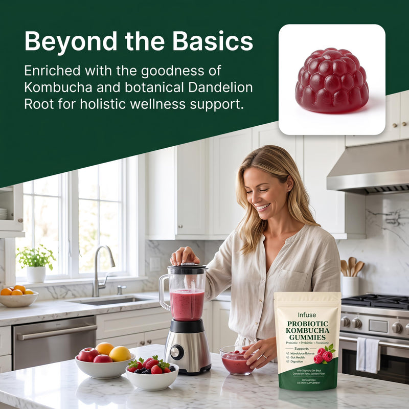 Kombucha Gummies, with Kombucha, Prebiotic & Dandelion Root, Daily Wellness Support, Daily Gut Health & Digestive Comfort Support, Sugar Free, Raspberry Flavor, 60 Gummies 1