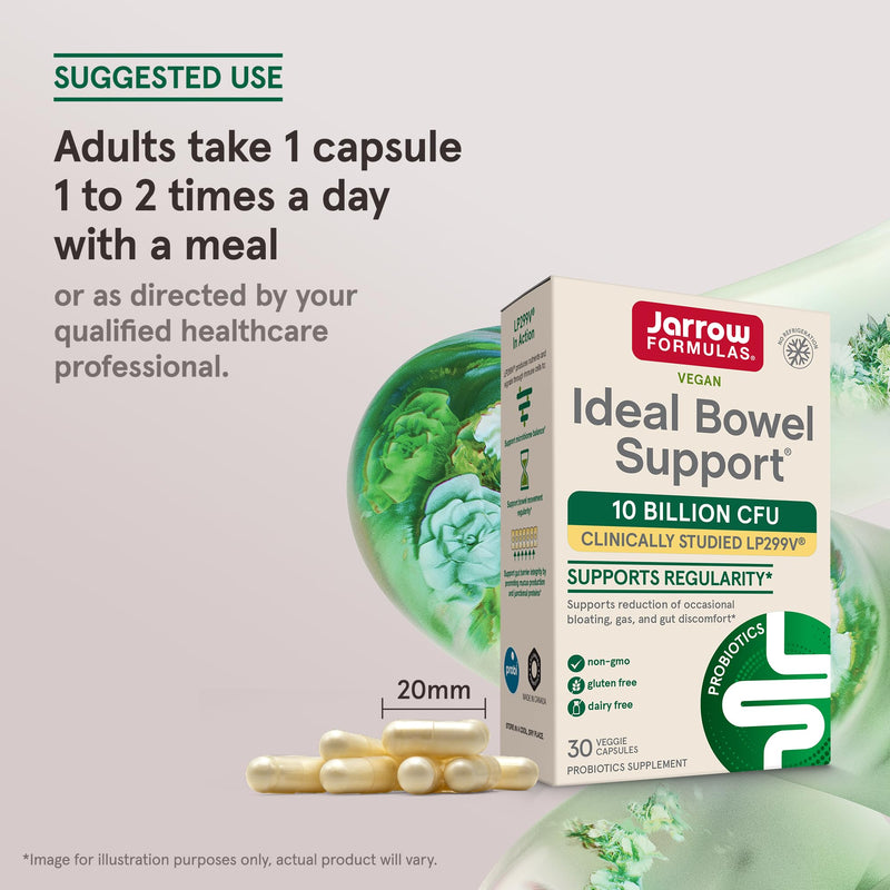 Jarrow Ideal Bowel Support, Probiotic 10 Billion CFU, 30 Capsules | Probiotic Capsules With 10 Billion CFU Per Serving, Digestive And Bowel Support For Bloating, Gas And Intestinal Discomfort 30 Count (Pack of 1)