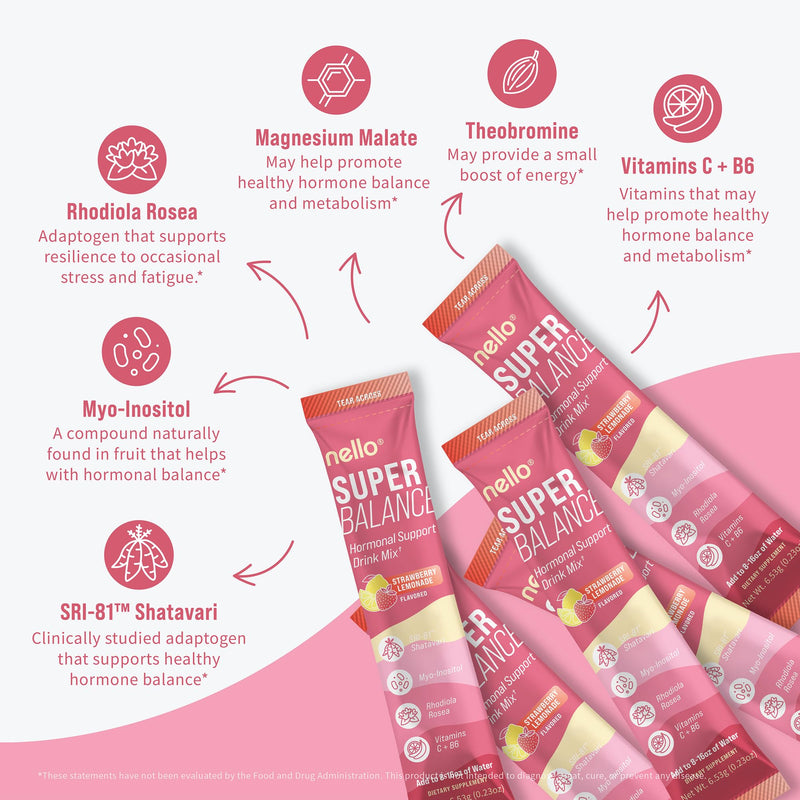 Nello Superbalance Hormonal Support Drink Mix, SRI-81 Shatavari, Myo-Inositol, Rhodiola Rosea, Vitamin C, Magnesium, Theobromine (20 Servings, Strawberry Lemonade) 20 Count (Pack of 1)