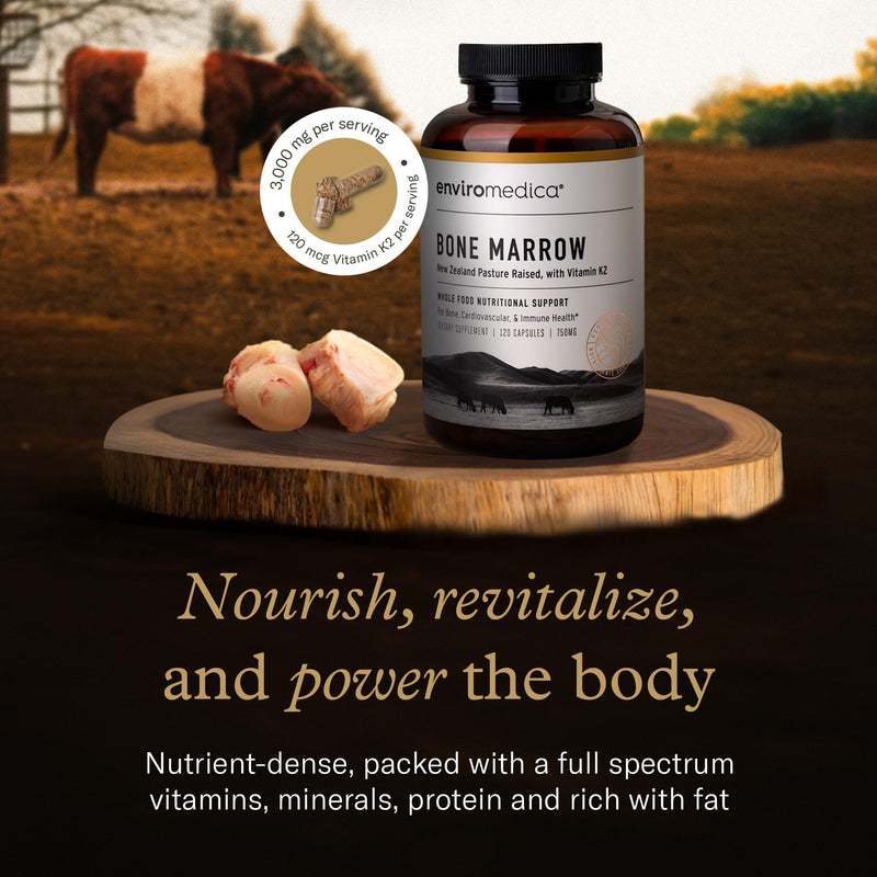Enviromedica Grass-Fed Beef Bone Marrow Supplement, Collagen, 120 Ct | New Zealand beef bone marrow with MCHA, cartilage, collagen & vitamin K2. Freeze-dried whole-food supplement, 120 caps.