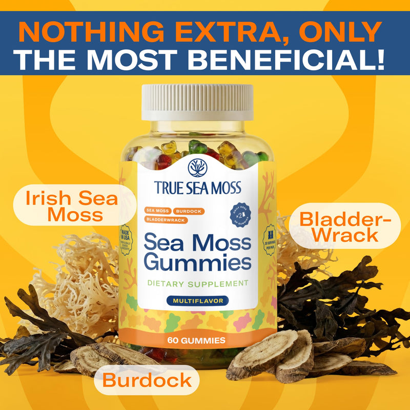 TrueSeaMoss Irish Sea Moss Gummies with Burdock Root & Bladderwrack – Formula for Adults & Kids – 60 Gummies (Packaging May Vary) 60 Count (Pack of 1)