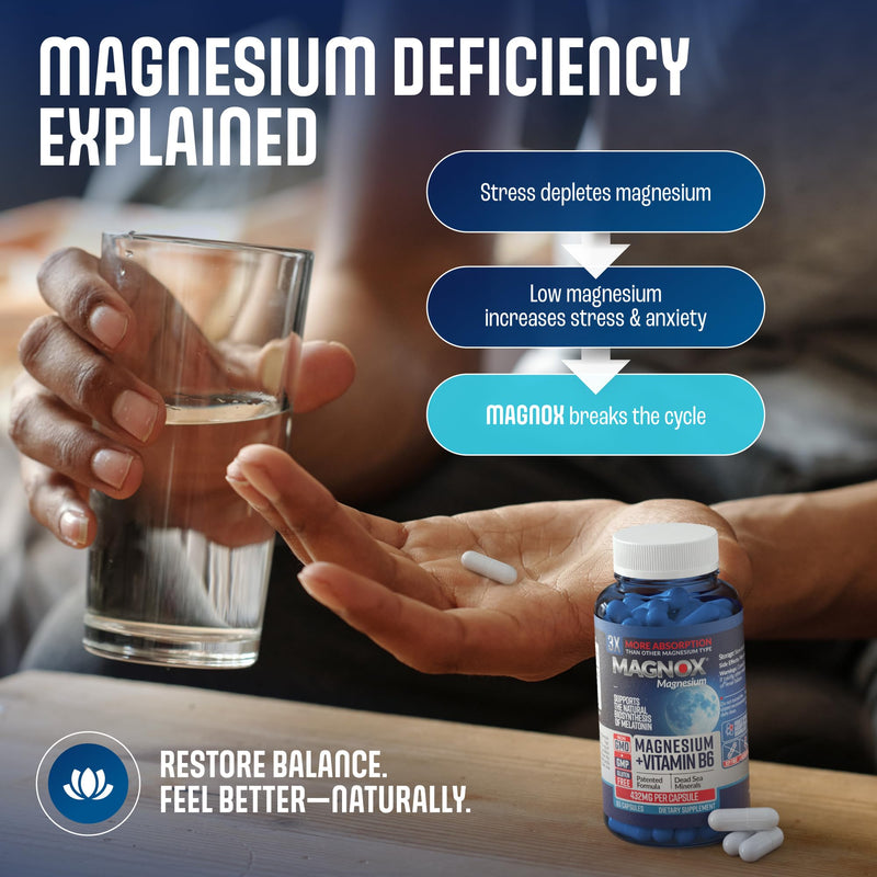 MAGNOX® High Absorption Magnesium Supplement with B6 & D3 Vitamins for Women & Men | Sleep Support | One Capsule a Day for Full Dosage (432mg) Patented & Clinically Tested Formula (60 pils) MAGNOX B6 60 Count (Pack of 1)