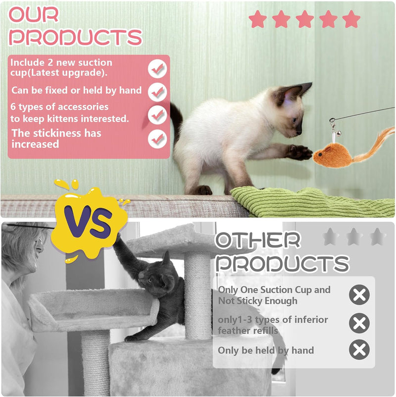 Interactive Bird Simulation Cat Toy Set,Cat Wand Toys,Wand Self-Holding Suction Cups Base,Include Detachable 6 Pcs Replacements Feathers Toys 6PC Set Small - BeesActive Australia