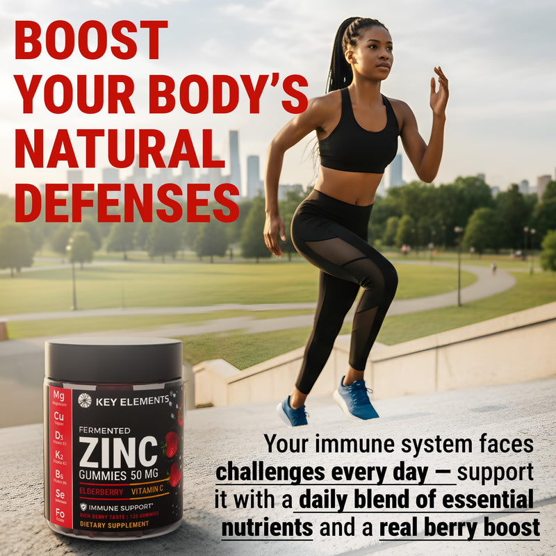 KEY ELEMENTS Immune Support Zinc Gummies 50mg with Elderberry Vitamin C | Rich Berry Taste Natural Antioxidant Zinc Supplements with Copper Vitamin D3 K2 Magnesium | Sugar-Free, 120 Gummies