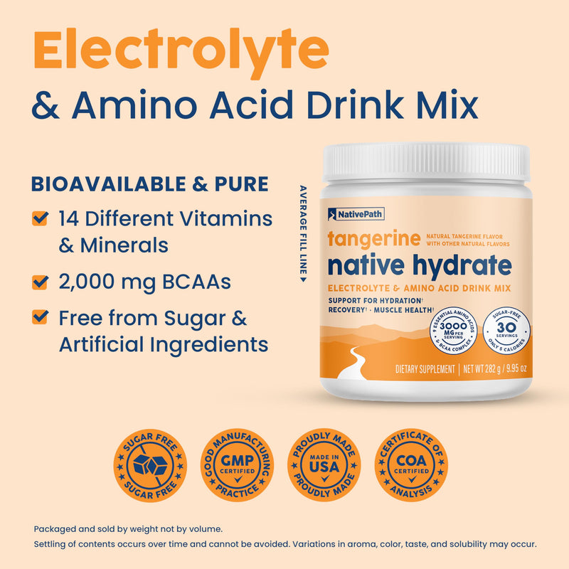 NativePath Native Hydrate, Zero Sugar, Electrolytes Powder with BCAAs, Tangerine Hydration, Keto & Paleo Friendly, 30 Servings (Pack of 2) 9.95 Ounce (Pack of 2)