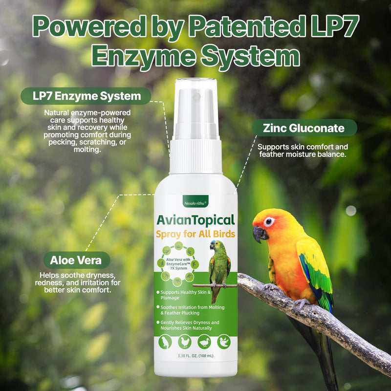 Avian Care Topical Spray for All Birds, Aloe Vera Bird Spray for Dry Itchy Skin, Molting and Feather Stress Support, Gentle Topical Care for Skin Comfort and Healthier Looking Plumage, Daily Use