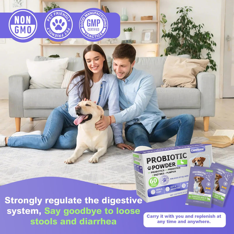 Probiotic Powder for Dogs Travel Set, Dog Probiotics for Digestive Health, Itchy Skin, Immune Health, Gas Relief & Diarrhea for All Ages & Breeds, Duck Flavored Single Serve Packets, 60 Ct