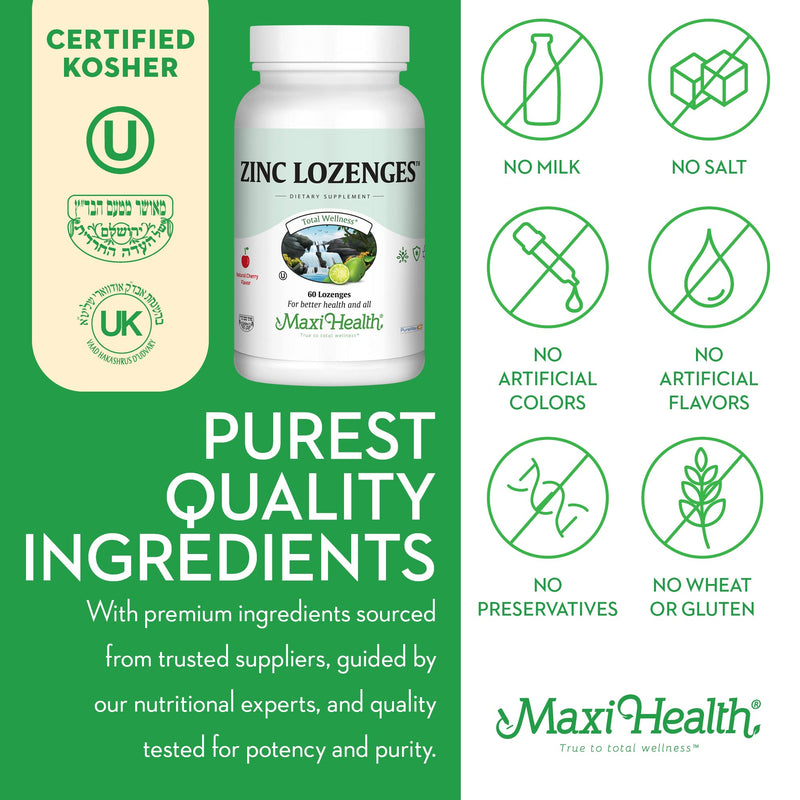 Maxi-Health Zinc Lozenges - Zinc Citrate 10mg - with Vitamin C - Cherry Flavor - 60 Chewables - Kosher