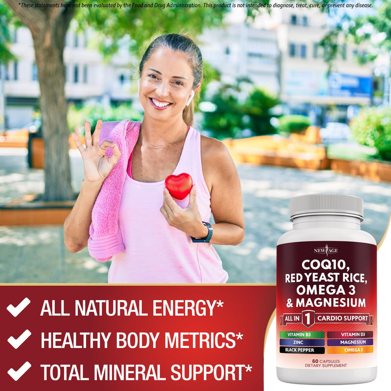 NEW AGE COQ10 200mg Red Yeast Rice, Omega 3, Magnesium Complex, Zinc Vitamin K2 D3 - Heart Health Support Vitamins for Women and Men with Vitamin B3, Coenzyme Q10-60 Count 60 Capsules (Pack of 1)