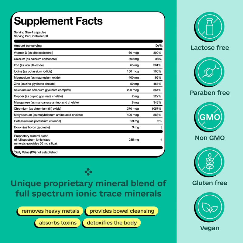 Premium Blend of 52 Trace Minerals Complex with Essential Minerals in Chelated Form – All Natural and 100% Organic - 120 Capsules - Full Spectrum Ionic Mineral Blend - Safe for Women and Men - BeesActive Australia