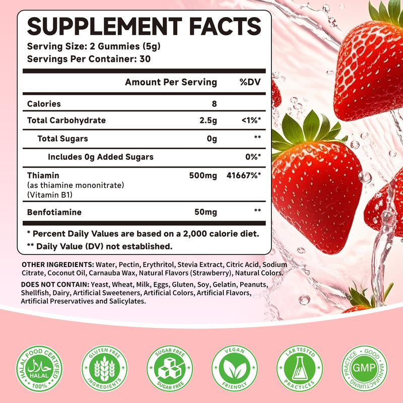 Vitamin B1 Gummies 500mg with Benfotiamine – Thiamine Supplement for Women & Men Supports Healthy Energy Metabolism & Immune, Sugar-Free | Vegan | Non-GMO, Natural Strawberry Flavor, 60 Count 60 Count (Pack of 1)