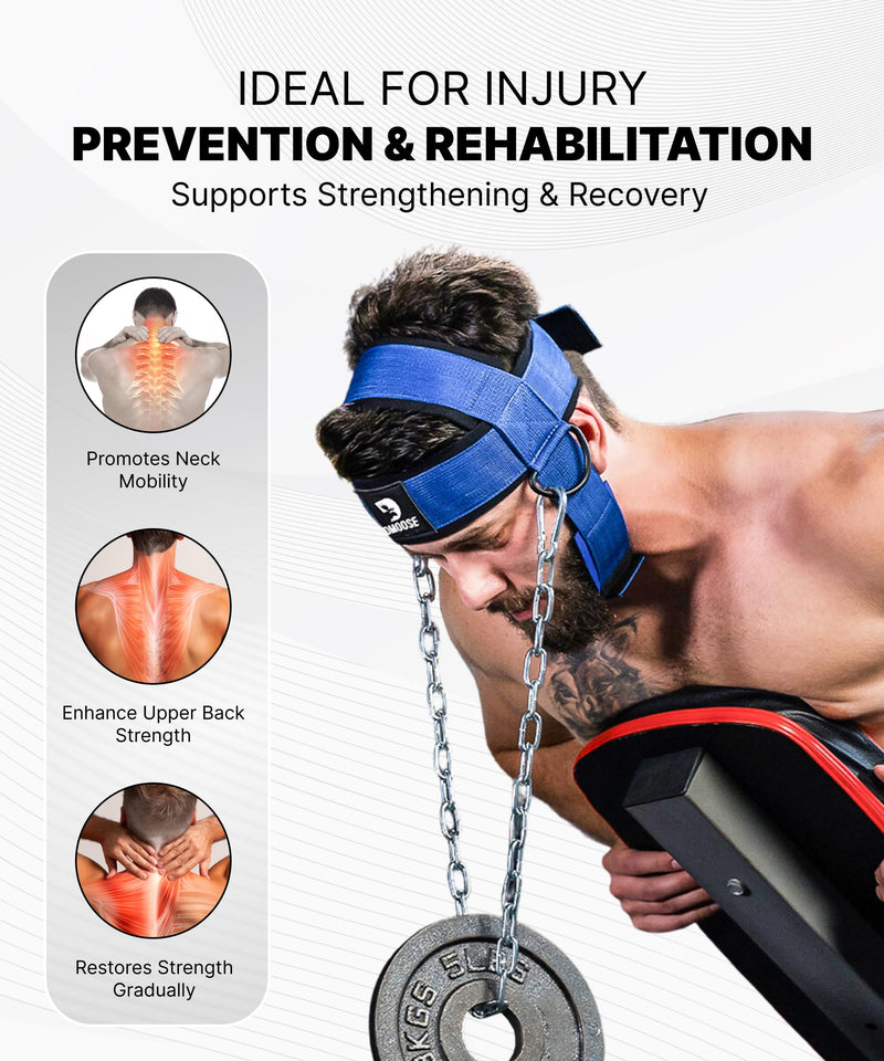 DMoose Fitness Neck Harness for Weight Lifting - Soft Padded Head & Chin Strap with 30" Heavy Duty Steel Chain - Neck Exerciser, Trainer & Strengthener to Support Injury Recovery and Intense Workouts With Support Strap American