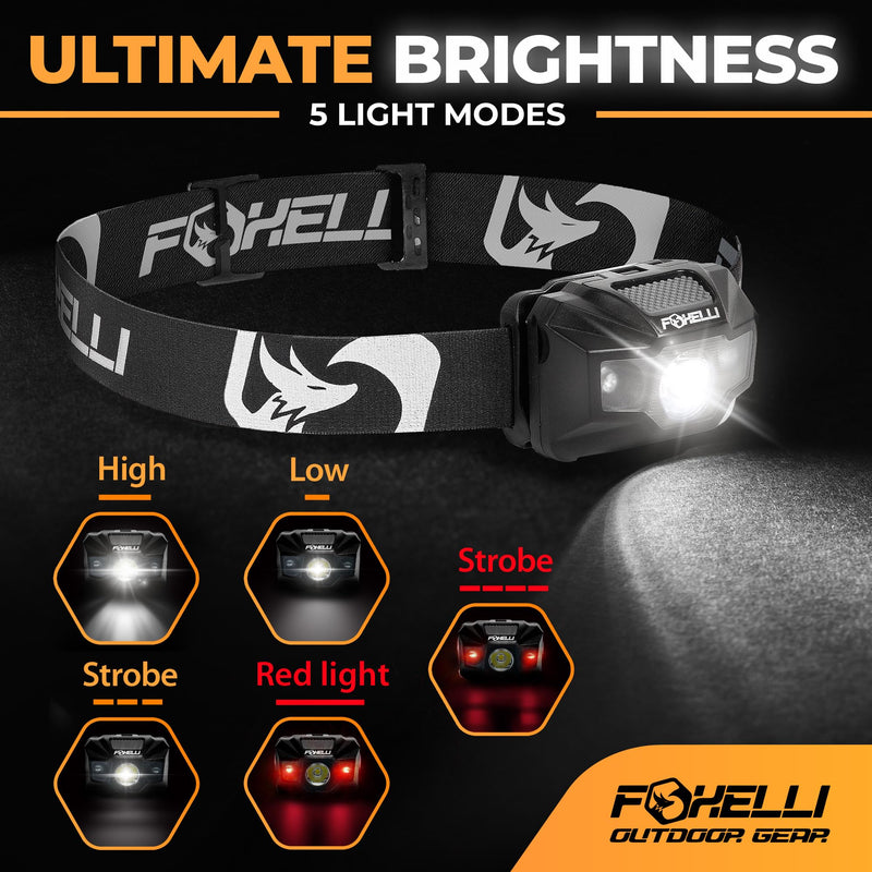 Foxelli USB‑C Rechargeable LED Headlamp – Ultra‑Light 2.4 oz & Bright 180 Lumens – Red/White Light, 5 Modes, IPX5 Waterproof, 40 h Runtime for Trail Running, Camping, Hiking 2-Pack Black