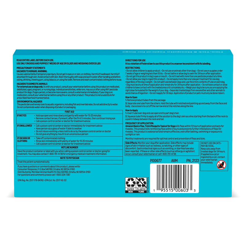 Amazon Basics Preventative Flea, Tick & Mosquito Topical Treatment for X-Large Dogs (Over 55 pounds), Kills Fleas, Long-Lasting, 6 Count, Packaging May Vary