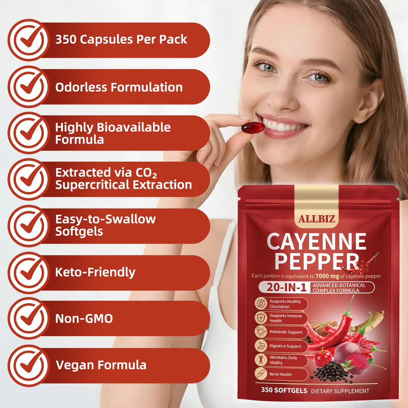 20-in-1 Organic Cayenne Pepper Capsules Supplement 7000mg | 350 Softgels | with Organic Vitamins D3 K2 E, Curcumin, Berberine, Probiotics & Omega-3 | Supports Circulation,Digestive & Bone Health