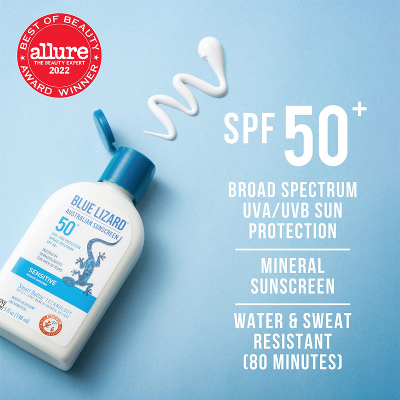 BLUE LIZARD Sensitive Mineral Sunscreen with Zinc Oxide, SPF 50+, Water Resistant, UVA/UVB Protection with Smart Bottle Technology - Fragrance Free, 5 oz SPF 50+ 5 Fl Oz (Pack of 1) - BeesActive Australia