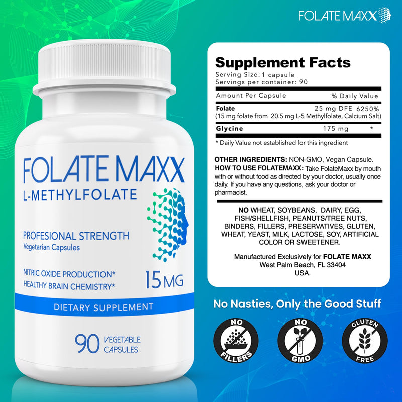 FolateMaxx L Methylfolate 15mg, 90 Capsules – Doctor Formulated Methyl Folate Supplement for Women & Men – High Potency 5-MTHF for Energy, Mood & Focus – Non-GMO, Gluten-Free (3-Month Supply)