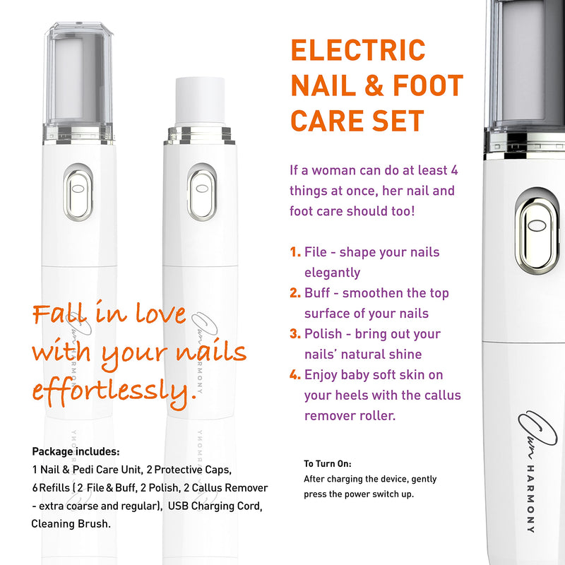 Own Harmony Electric Nail Buffer and Shine Kit for Natural Nails: Manicure Pedicure Tools with Callus Remover Foot Care, Best Electronic Mani Pedi Polisher Set to Buff, Polish, File Thick Toenails Ivory - BeesActive Australia