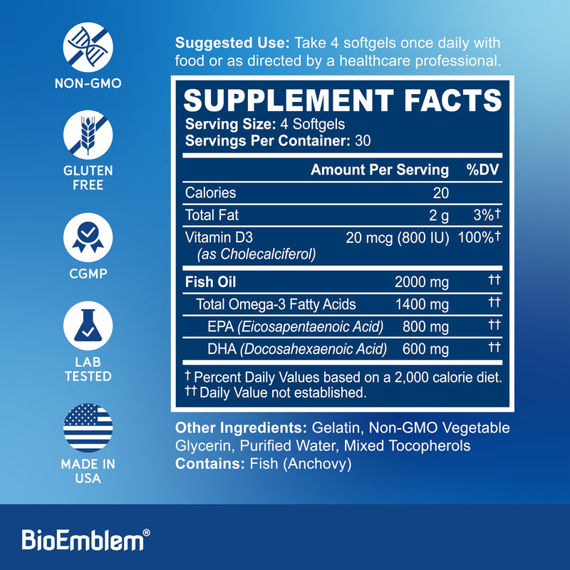 BioEmblem Omega-3 Fish Oil 2000mg Per Serving with Vitamin D3-240 Ct | Small Size Softgels, 1400mg Omega-3, 800mg EPA & 600mg DHA, High Absorption For Heart, Brain - Sustainably Sourced, Non-GMO 240 Count (Pack of 1)