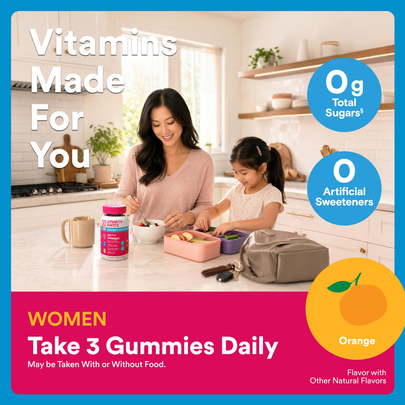 SmartyPants Women’s Zero Sugar Multi & Omegas Multivitamin Gummies with Biotin, Methylfolate, Omega 3 ALA, Vitamins D3, C, B12, Clean Label, No Sugar Alcohols, Orange Flavor, 90 Count (30 Day Supply) New Formula