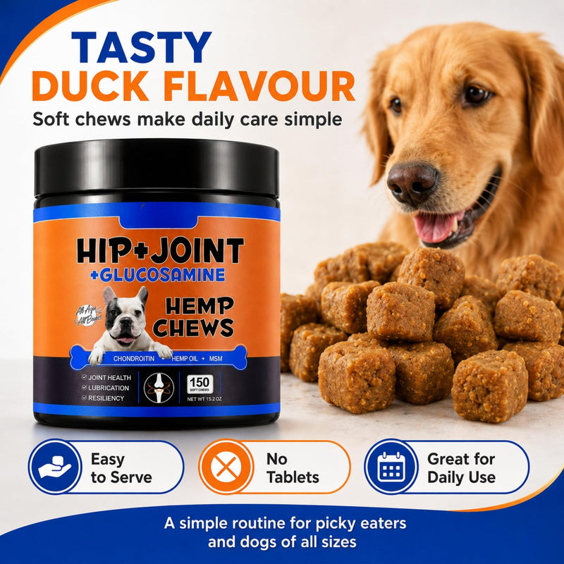 Hip & Joint Glucosamine Hemp Chews for Dogs (Duck Flavour | 150 Soft Chews) – Mobility Support Supplement with Chondroitin MSM, Joint Pain Relief & Flexibility Support