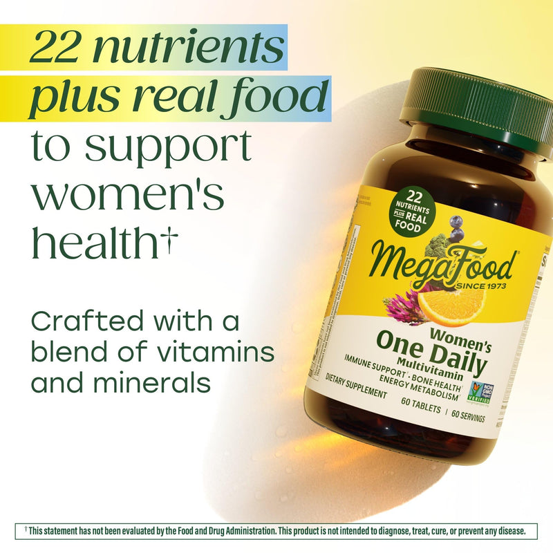 MegaFood One Daily Multivitamin for Women with 22 Nutrients, 60 Tablets | Immune Support, Cellular Energy & Healthy Skin & Hair, Methylfolate, Methylated B12, Iron, C, D3, Vegetarian, 60 Servings Unflavored 60 Count (Pack of 1)