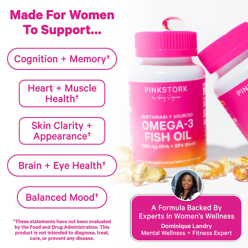 Pink Stork Omega 3 Fish Oil Supplements for Women, 60 Softgels | DHA + EPA, High Potency, Burpless, Mental Clarity, Cognitive Health, Fetal Brain + Nervous System Development, 2 Month Supply