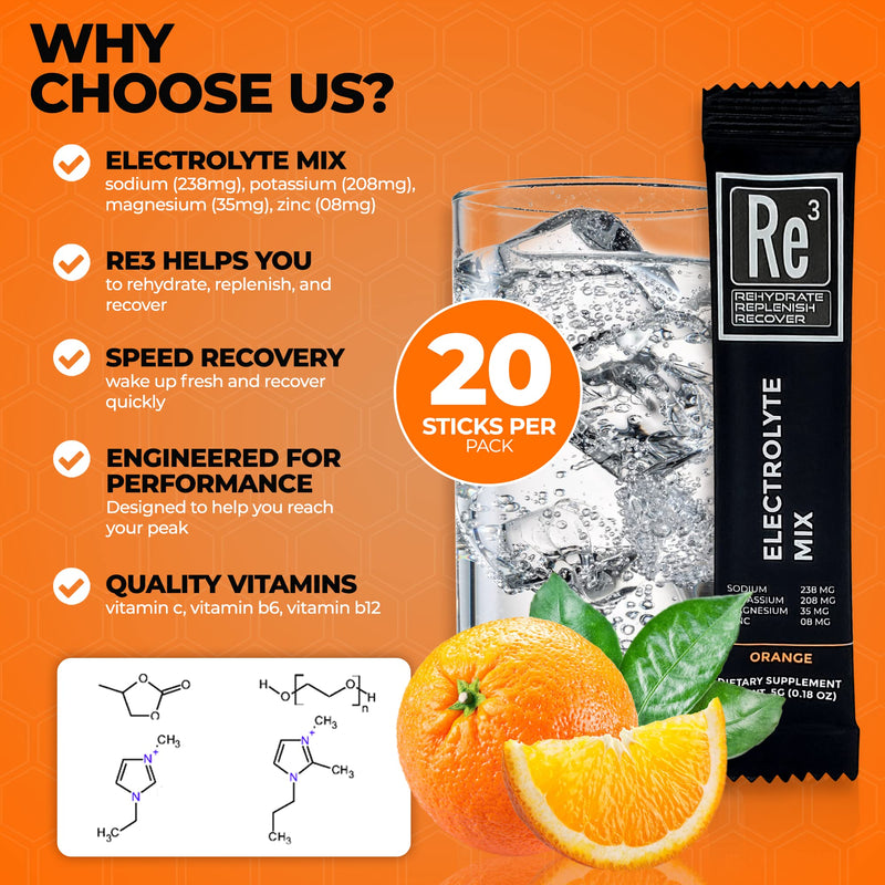 Re3 - Rehydrate - Replenish - Recover Electrolyte Powder Packets. No Sugar, 7 Cal, 1.4 Carbs. The Best Mix of Vitamins and Minerals (Orange) Orange