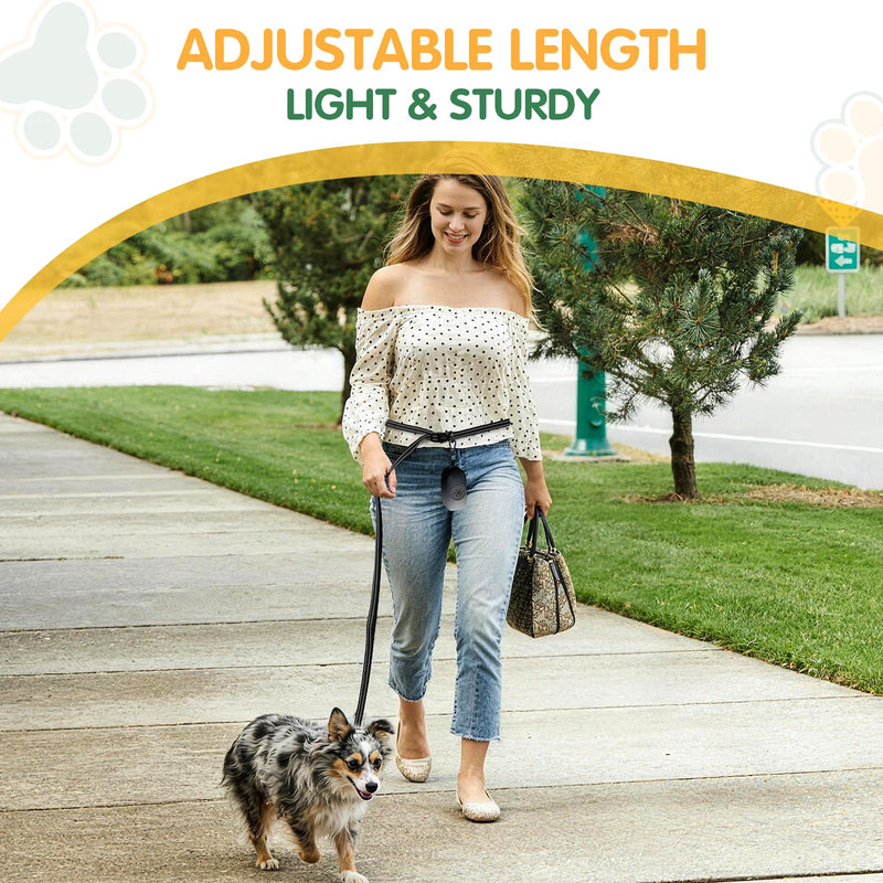 Kazazoo Hands-Free Dog Leash with Poop Bag Holder, Adjustable 4-7 Ft Waist for Dog Walking, Running for Small & Medium Dogs with Reflective Strips, Nylon Waist Belt, Black - BeesActive Australia