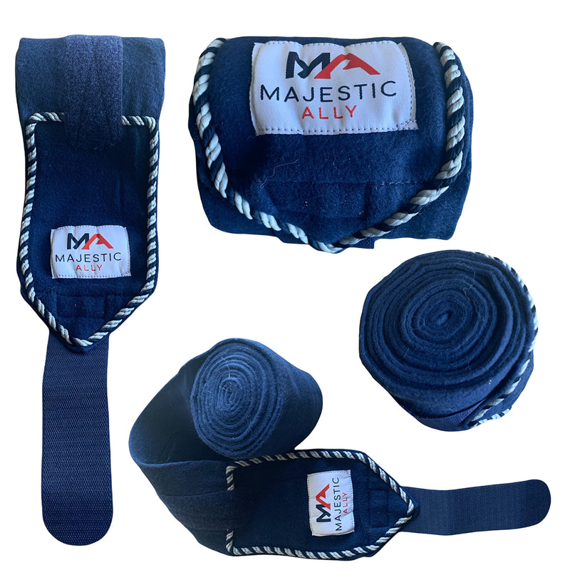 Majestic Ally Fleece Polo Leg Wraps with Braided Rope for Horses - Set of 4-10 foot long and 5 Inch wide (Navy) Navy - BeesActive Australia