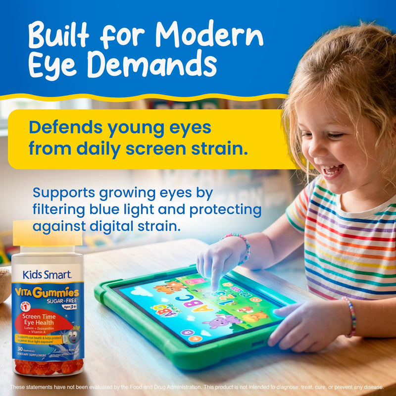 KIDS SMART Screen Time Eye Health Lutein Gummies, Vision Support, Kids 3+ | Lutein, Zeaxanthin + Vitamin A, Sugar-Free Vegan Gummies, Filters Blue Light from Screens, Supports Vision & Eyes, 30 Count