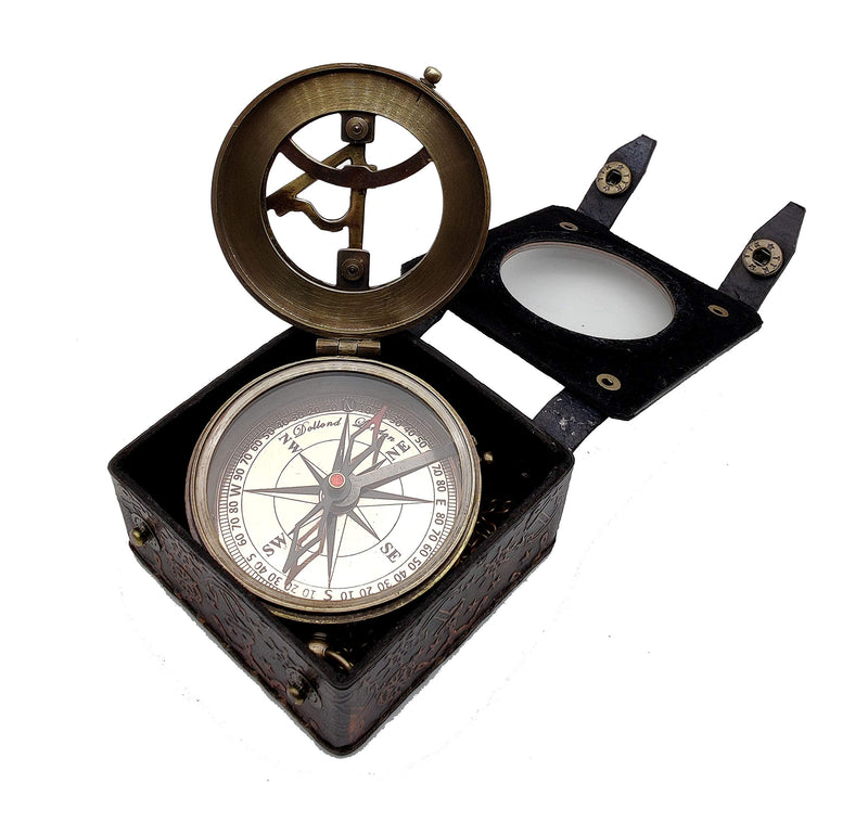 5MoonSun5's Antique Brass Sundial Compass Marine Boat Gift Pocket Sun Dial in Leather Display Box Nautical Marine Gift Sun Clock Pirate Ship Replica Watch Steampunk Accessory - BeesActive Australia