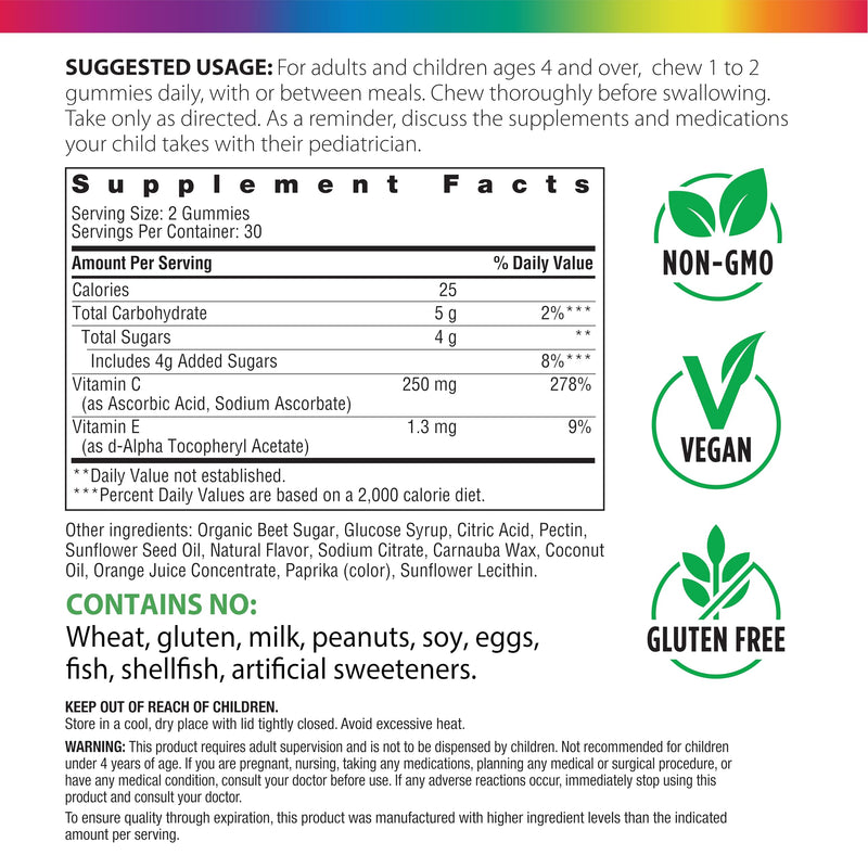 Rainbow Light Vitamin C Gummies | 60 Count | Citrus Flavored | with Vitamin E | Immune & Antioxidant Support for Adults and Kids