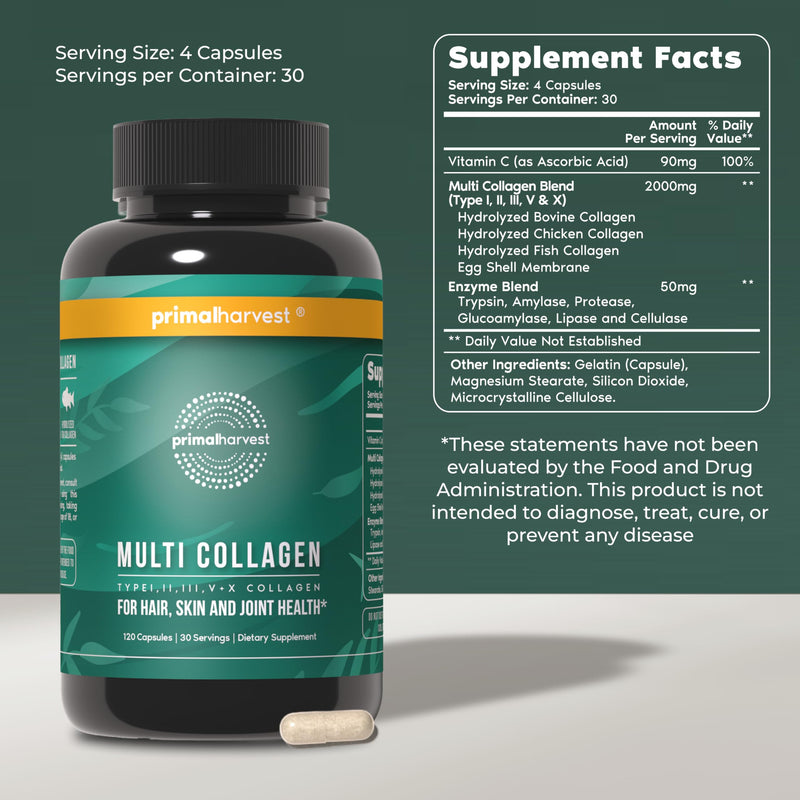 Primal Harvest Multi Collagen - Daily Supplement, Dairy & Gluten Free 240 Count (Pack of 1)