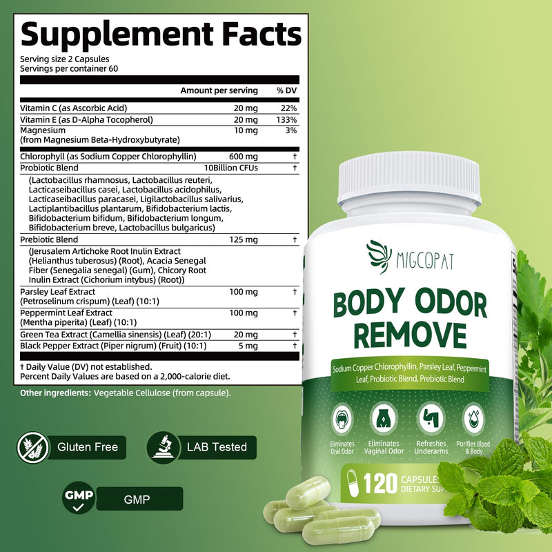 Chlorophyll Body Deodorizing Supplement, Chlorophyll Capsules with Parsley & Peppermint, Probiotic, Green Tea, Jerusalem Artichoke, Prebiotic, Supports Fresh Breath & Whole-Body Freshness, 120 Caps 120 Count (Pack of 1) - BeesActive Australia