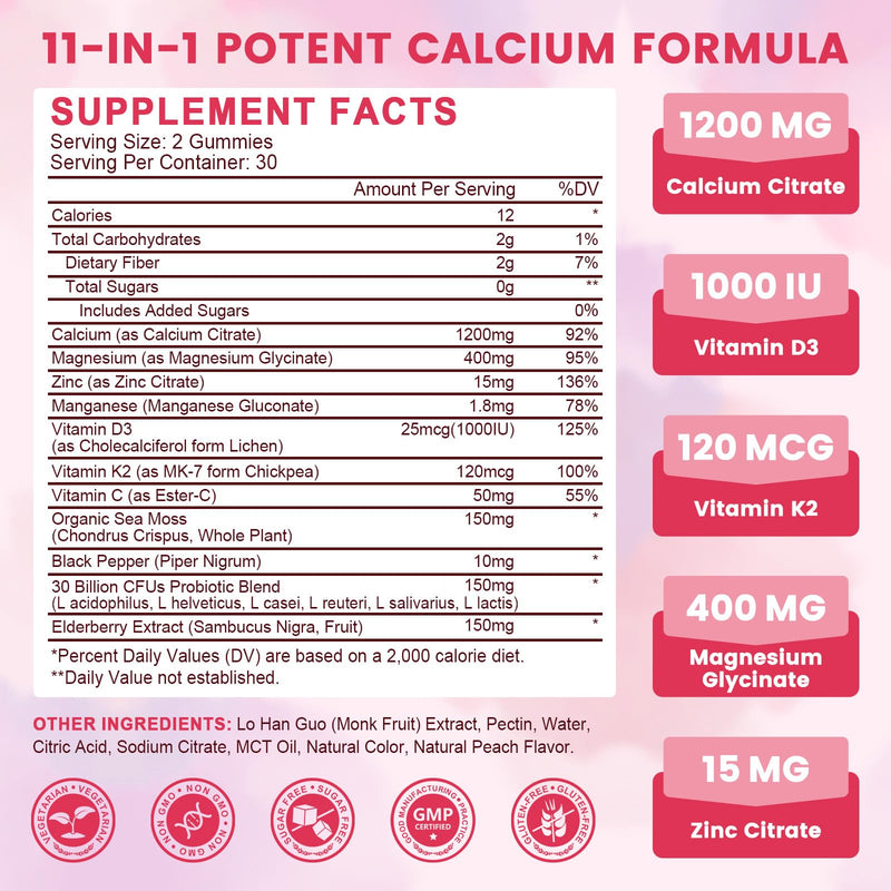 (2 Pack) Calcium Citrate 1200mg with Vitamin D3 K2 Gummies for Women & Men, High Absorption Calcium Supplement for Bone & Muscle Health, Sugar-Free, Peach Flavor - 60 Day Supply