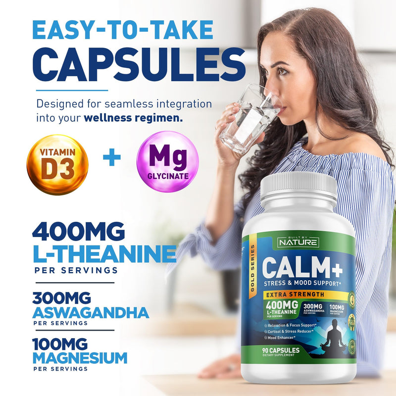 Built by Nature Calm+ Relaxation & Focus Supplement, 90 Capsules Stress, Cortisol & Mood Support, L-Theanine, Ashwagandha, Magnesium Glycinate, Vitamin D3