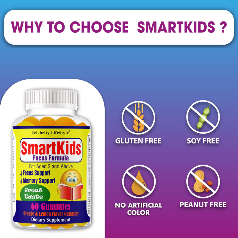 Smart Kids Focus Gummies with Omega 3 6 9 DHA, Brain Support Teen Vitamin, Kids Focus and Attention Supplements, Vegetarian Memory Supplement for Brain, Orange Flavor 60 Gummies